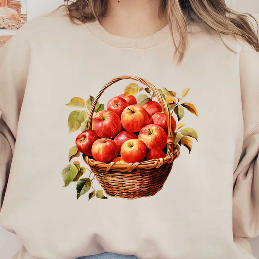 A beautifully woven basket overflowing with vibrant red apples and accented with fresh green leaves. dtf prints