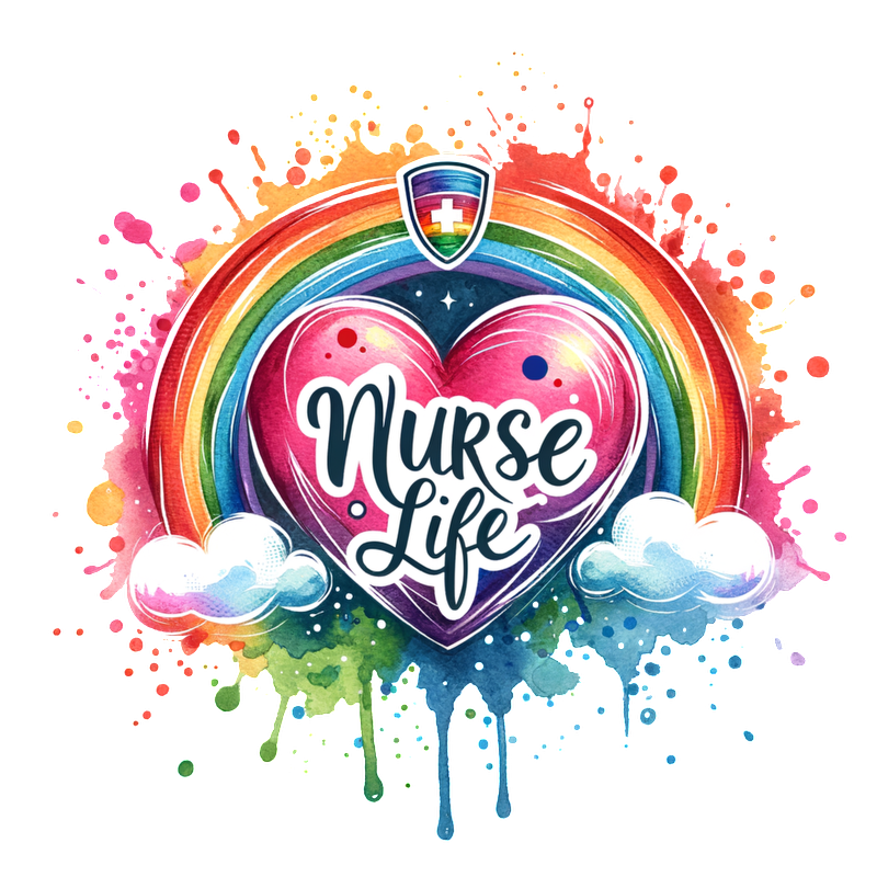 A vibrant design featuring a heart and the phrase "Nurse Life," surrounded by a rainbow and colorful splashes.DTF Transfers