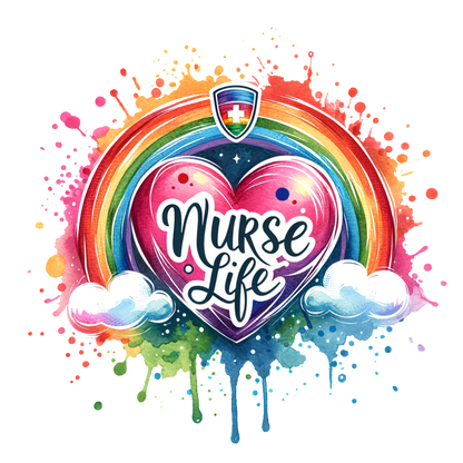 A vibrant design featuring a heart and the phrase "Nurse Life," surrounded by a rainbow and colorful splashes.DTF Transfers