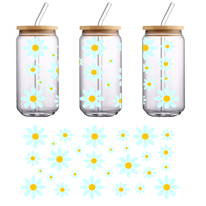 A vibrant arrangement of light blue daisies with cheerful yellow centers, creating a lively floral pattern perfect for any design.UV Transfers dtf prints