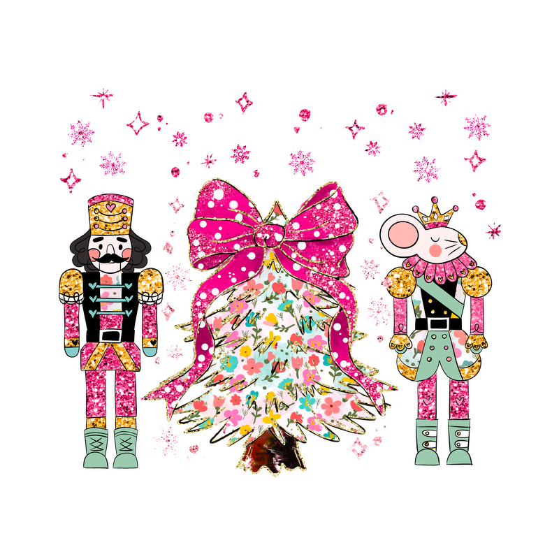 A whimsical holiday scene featuring a sparkling nutcracker, a charming mouse king, and a vibrant, floral-decorated Christmas tree with a large pink bow.DTF Transfers heat press transfers