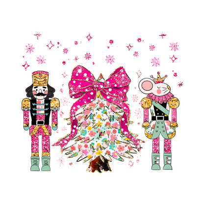 A whimsical holiday scene featuring a sparkling nutcracker, a charming mouse king, and a vibrant, floral-decorated Christmas tree with a large pink bow.DTF Transfers heat press transfers