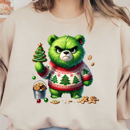 A grumpy green bear in a festive sweater holds a Christmas tree cookie, surrounded by cookies and holiday decorations.DTF Transfers heat press transfers