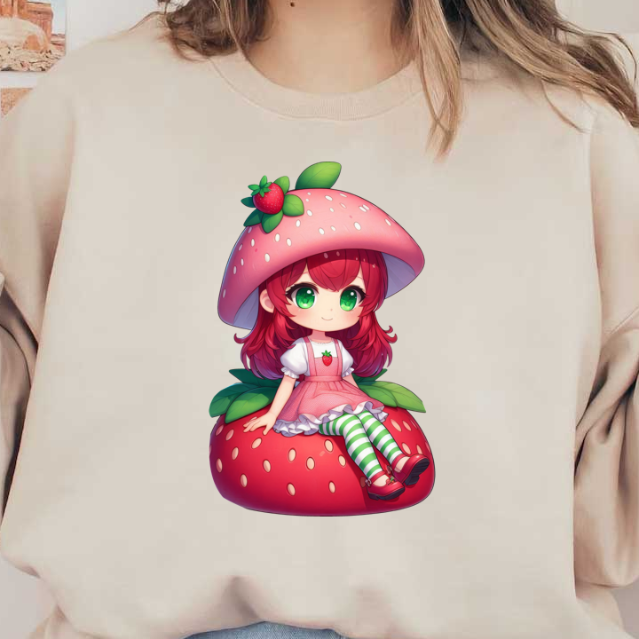 A charming animated character with a strawberry-themed hat sits on a vibrant strawberry, dressed in a playful pink outfit.DTF Transfers