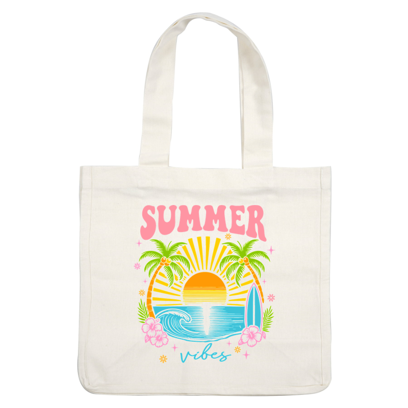 Colorful summer vibes graphic with palm trees, surfboard, and sunset design.DTF Transfers