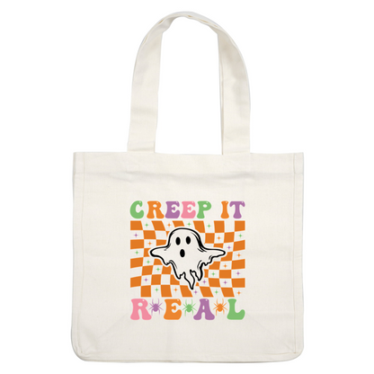 A playful Halloween-themed design featuring the phrase "Creep It Real" surrounded by colorful checkerboard patterns and whimsical spider motifs.dtf regular iron