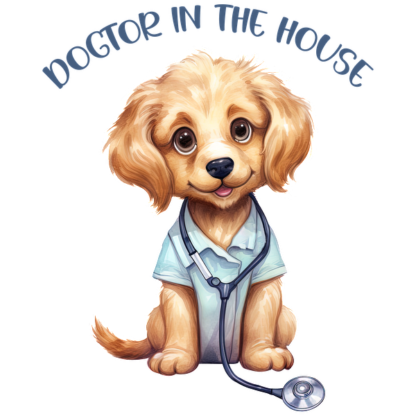 Adorable cachorro de dibujos animados vestido con una camisa de médico, completo con un estetoscopio y la frase "Doctor en la casa".