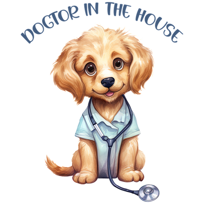 Adorable cachorro de dibujos animados vestido con una camisa de médico, completo con un estetoscopio y la frase "Doctor en la casa".