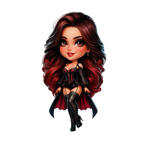 Un elegante personaje vampiro chibi con cabello largo rojo y negro, vestido con un corsé y medias hasta el muslo.