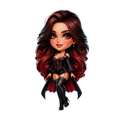 Un elegante personaje vampiro chibi con cabello largo rojo y negro, vestido con un corsé y medias hasta el muslo.