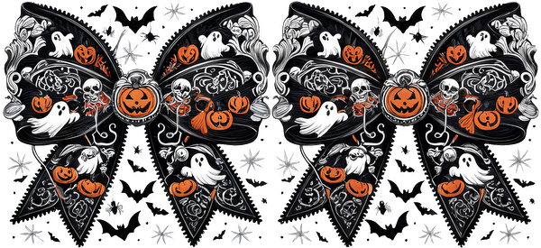 A festive trio of Halloween-themed bows featuring ghosts, pumpkins, and skull designs in black, white, and orange.UV Transfers dtf prints