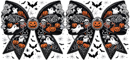 A festive trio of Halloween-themed bows featuring ghosts, pumpkins, and skull designs in black, white, and orange.UV Transfers dtf prints