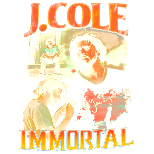 Un gráfico vibrante que presenta a J. Cole, resaltado con el título "IMMORTAL", que muestra una combinación artística de imágenes y colores. Transferencias DTF