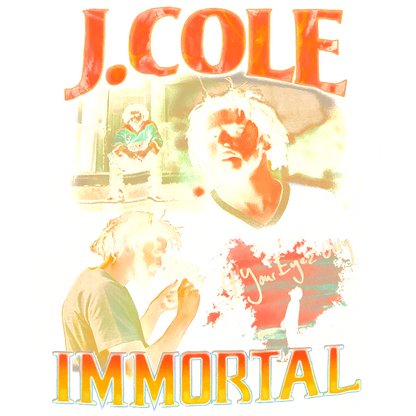 Un gráfico vibrante que presenta a J. Cole, resaltado con el título "IMMORTAL", que muestra una combinación artística de imágenes y colores. Transferencias DTF