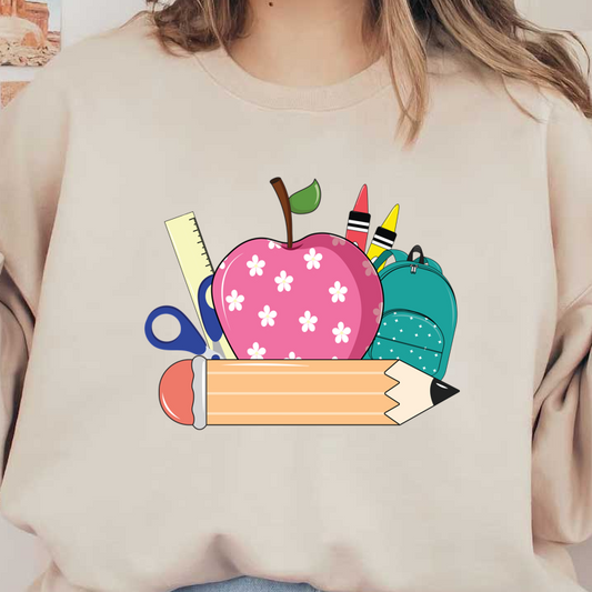 A vibrant collection of school supplies including a patterned apple, colorful crayons, scissors, a ruler, and a teal backpack.DTF Transfers