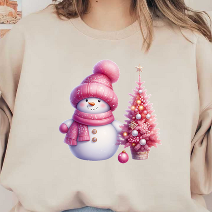 A cheerful pink snowman in a matching hat and scarf stands beside a decorated pink Christmas tree. dtf prints