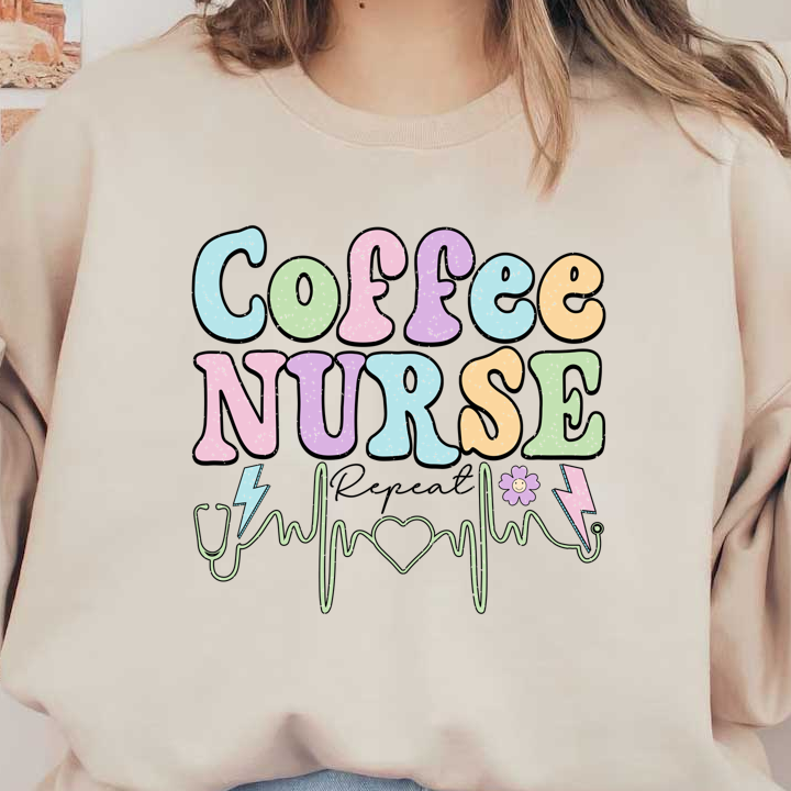 A vibrant graphic featuring playful lettering that reads "Coffee Nurse," complemented by medical symbols and a cheerful flower.DTF Transfers