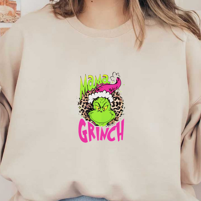 Playful "Mama Grinch" graphic featuring a green Grinch with a pink hat and leopard print accents, perfect for the holidays!DTF Transfers dtf prints