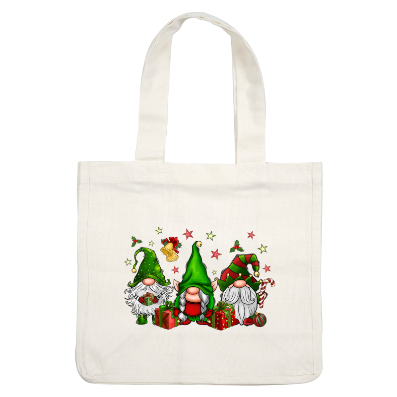 Three festive gnomes in colorful hats pose with presents, surrounded by holiday decorations like stars, bells, and candy canes.DTF Transfers