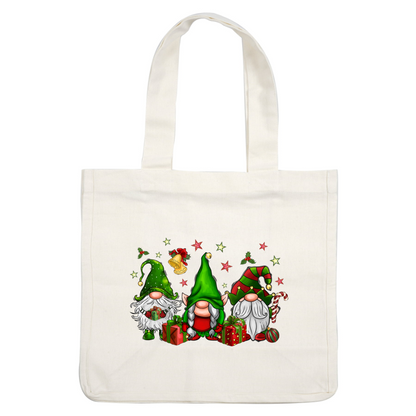 Three festive gnomes in colorful hats pose with presents, surrounded by holiday decorations like stars, bells, and candy canes.DTF Transfers