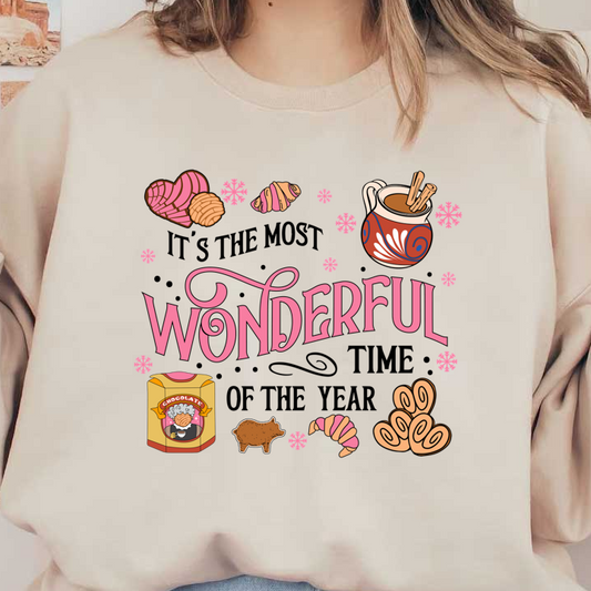 Delight in this colorful assortment of sweet treats, including hearts, croissants, and hot chocolate, framed by the word "Wonderful."DTF Transfers dtf transfers