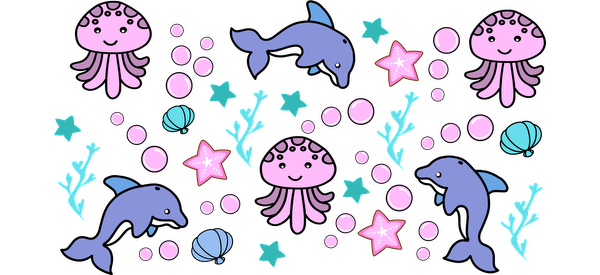 A whimsical underwater scene featuring cheerful dolphins, jellyfish, stars, and seaweed in vibrant pink and blue colors.UV Transfers dtf prints