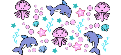 A whimsical underwater scene featuring cheerful dolphins, jellyfish, stars, and seaweed in vibrant pink and blue colors.UV Transfers dtf prints