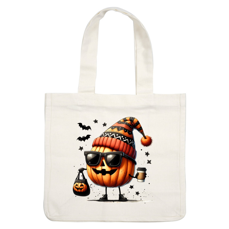 Un divertido personaje de dibujos animados de calabaza que usa gafas de sol y un gorro de punto estampado, sosteniendo un café y una bolsa de mano de Halloween.