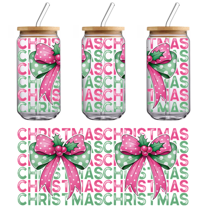 A vibrant Christmas-themed design featuring colorful bows with polka dots and the word "CHRISTMAS" in a playful pattern.UV Transfers heat press transfers