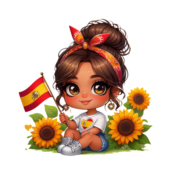 A cheerful girl with a Spanish flag poses among vibrant sunflowers, wearing a cute outfit and a colorful headband.DTF Transfers dtf prints