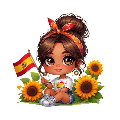 A cheerful girl with a Spanish flag poses among vibrant sunflowers, wearing a cute outfit and a colorful headband.DTF Transfers dtf prints