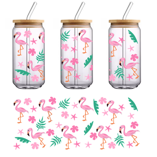 A vibrant tropical pattern featuring pink flamingos, colorful flowers, and lush green leaves, perfect for summer decor.UV Transfers dtf prints