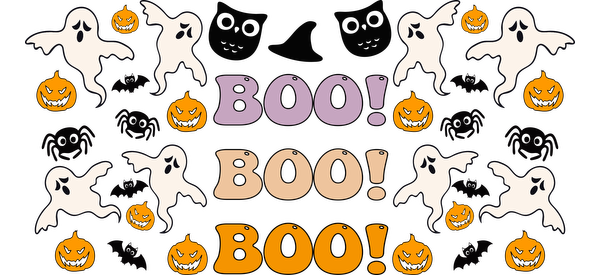 Un diseño festivo de Halloween con fantasmas divertidos, calabazas espeluznantes y un texto llamativo "¡BUUU!" en colores vibrantes. Transferencias UV