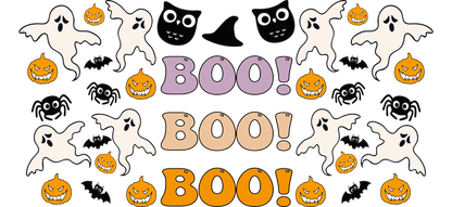 Un diseño festivo de Halloween con fantasmas divertidos, calabazas espeluznantes y un texto llamativo "¡BUUU!" en colores vibrantes. Transferencias UV