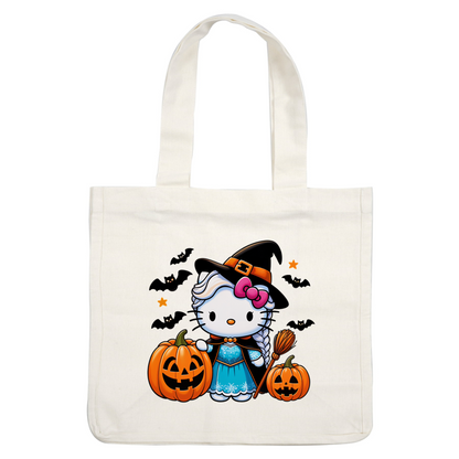 A cute Halloween-themed Hello Kitty dressed as a witch, surrounded by carved pumpkins and bats, spreading festive cheer.DTF Transfersdtf regular iron