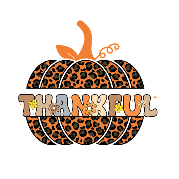 Una elegante calabaza con estampado de leopardo presenta la palabra "THANKFUL" en colores vibrantes, perfecta para celebrar la temporada.