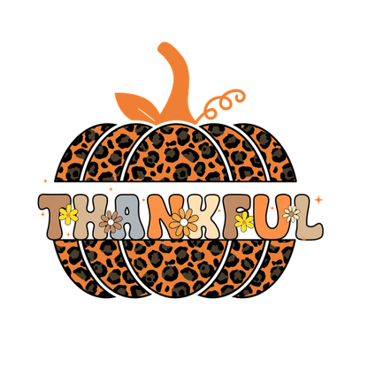 Una elegante calabaza con estampado de leopardo presenta la palabra "THANKFUL" en colores vibrantes, perfecta para celebrar la temporada.