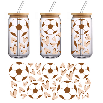 A playful pattern featuring brown soccer balls surrounded by light-colored hearts, symbolizing a love for the game.UV Transfers dtf transfers