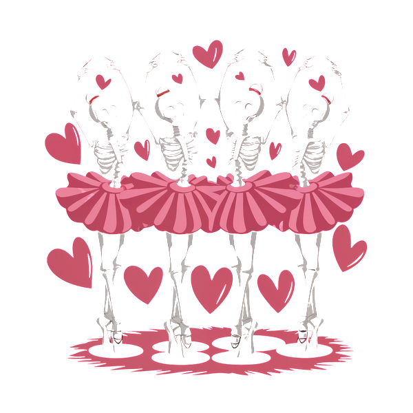 Una ilustración caprichosa de cuatro esqueletos con tutús rosas, bailando con gracia entre corazones y brillos.