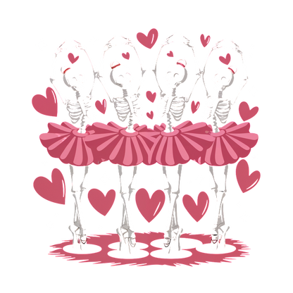 Una ilustración caprichosa de cuatro esqueletos con tutús rosas, bailando con gracia entre corazones y brillos.