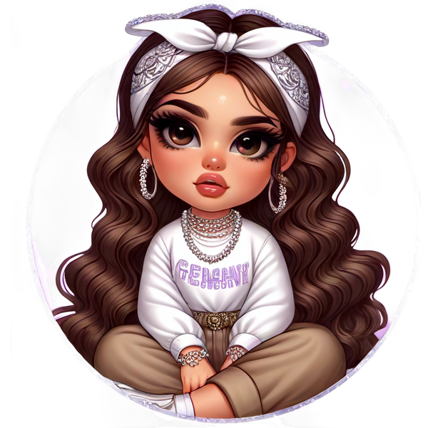 This whimsical illustration features a girl with long, wavy hair, wearing a cozy white sweater and stylish accessories.