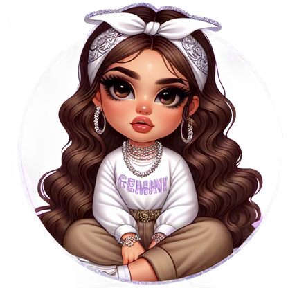 This whimsical illustration features a girl with long, wavy hair, wearing a cozy white sweater and stylish accessories.