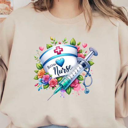 A vibrant illustration celebrating nurses, featuring a nurse's cap, a syringe, and colorful floral accents with the phrase "Blessed Nurse."DTF Transfers