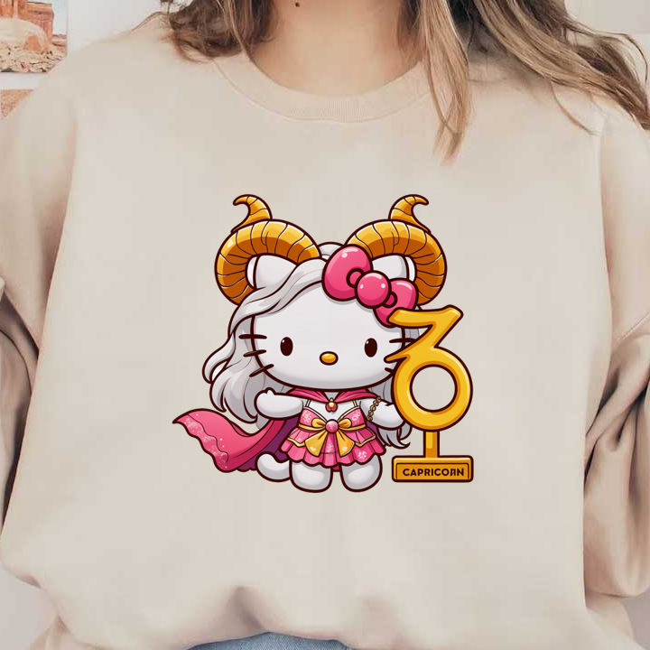 This adorable illustration features a character styled as a Capricorn, complete with horn accents and a vibrant outfit, holding a zodiac symbol.DTF Transfers