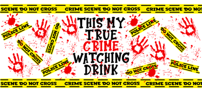 A bold and dramatic design featuring crime scene tape, bloody handprints, and the word "CRIME" prominently displayed.UV Transfers heat press transfers