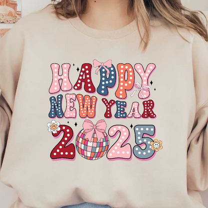 Celebrate the festive spirit with this colorful "Happy New Year 2025" design featuring playful fonts, bows, and a disco ball!DTF Transfers