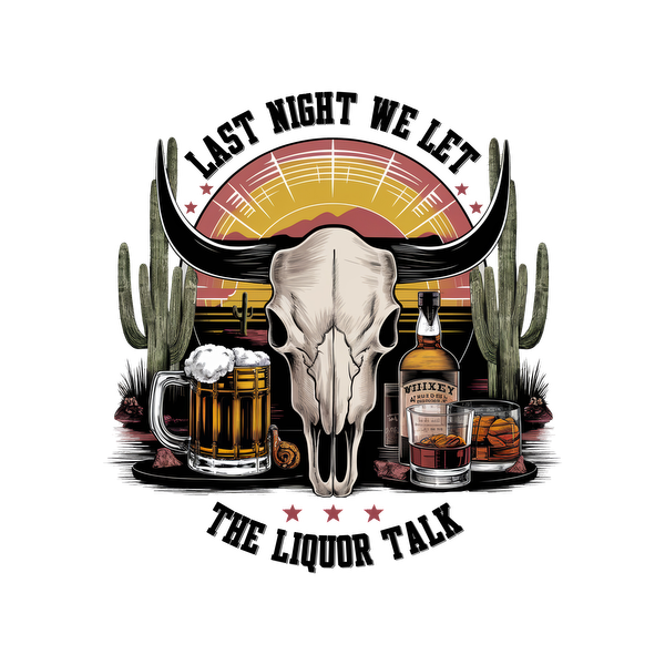 Un diseño llamativo que presenta un cráneo de toro flanqueado por cerveza, whisky y cactus sobre un fondo de atardecer vibrante.