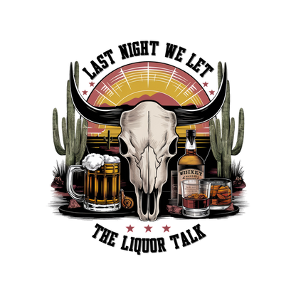 Un diseño llamativo que presenta un cráneo de toro flanqueado por cerveza, whisky y cactus sobre un fondo de atardecer vibrante.