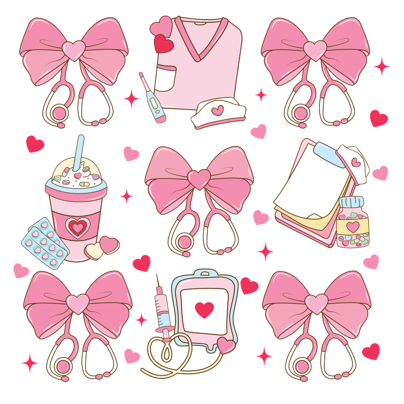 A charming collection of pink-themed medical icons, featuring stethoscopes, bows, and playful health-related items, perfect for healthcare enthusiasts.DTF Transfers