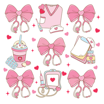 A charming collection of pink-themed medical icons, featuring stethoscopes, bows, and playful health-related items, perfect for healthcare enthusiasts.DTF Transfers